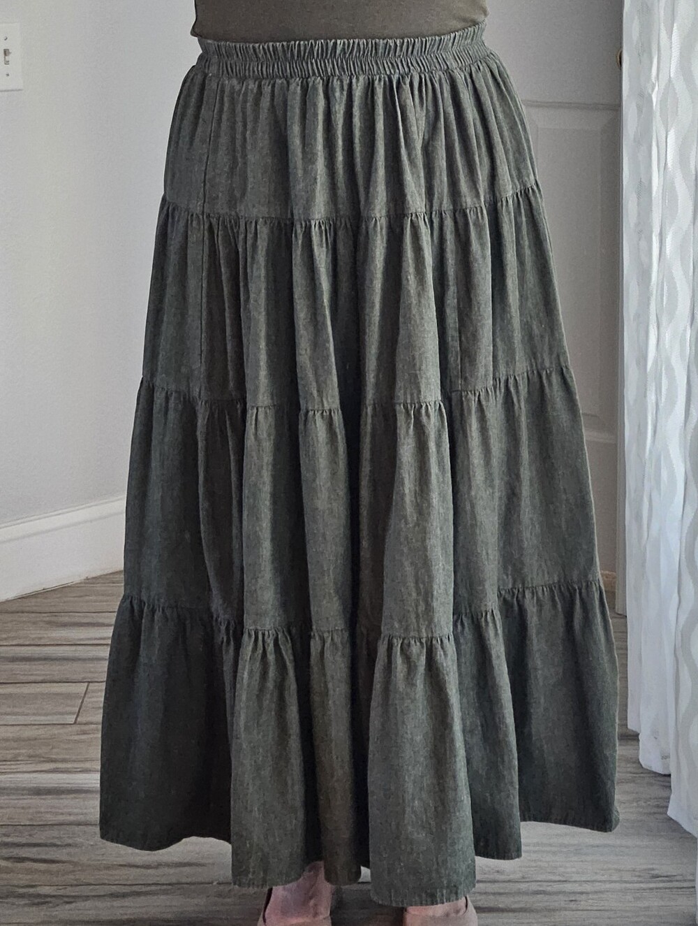 On The Verge Skirt Green Chambray  Denim Tiered Prairie Beach Cowgirl Boho Maxi